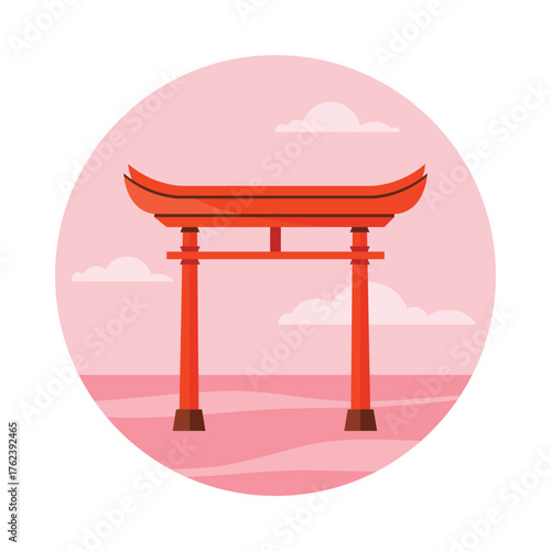 Minimalist Japanese torii gate isolated on pink circle background with clouds vector illustration