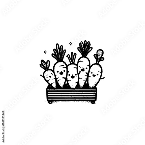 Illustration of five cute carrots with faces in a striped container with small diamonds above them