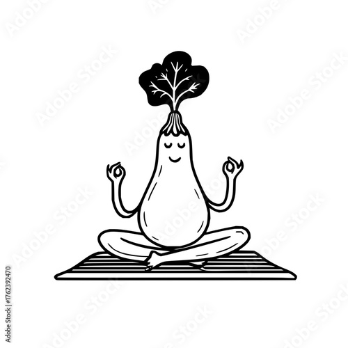 Vegetable character meditating on a striped mat with hands in a mudra pose in black and white style