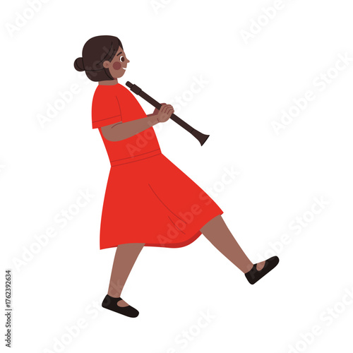 Child in red dress marching and playing clarinet for Indian Independence Day parade isolated vector illustration