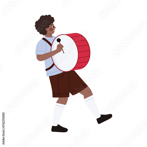 Young boy marching and playing drum in United Kingdom kids parade isolated vector illustration