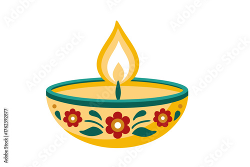 Traditional Diya with Floral Decor and Flame – Indian Festival Symbol of Light