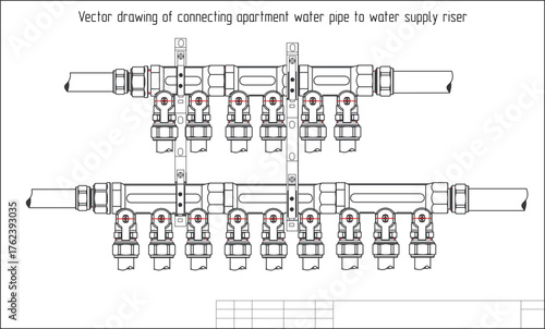 Vector drawing of connecting apartment water pipe
to water supply riser. Connection of water
ball tap, fittings, nut with thread. Engineering mechanical educational industrial design on white paper.
