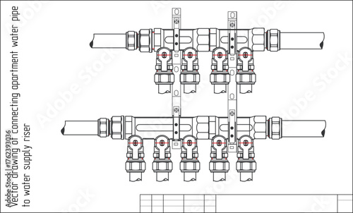 Vector drawing of connecting apartment water pipe
to water supply riser. Connection of water
ball tap, fittings, nut with thread. Engineering mechanical educational industrial design on white paper.