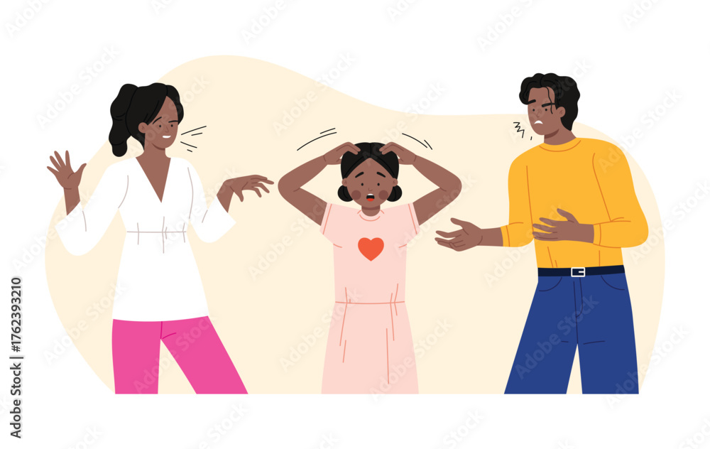 Obraz premium Stressed child between arguing parents showing family abuse and emotional distress on isolated vector illustration
