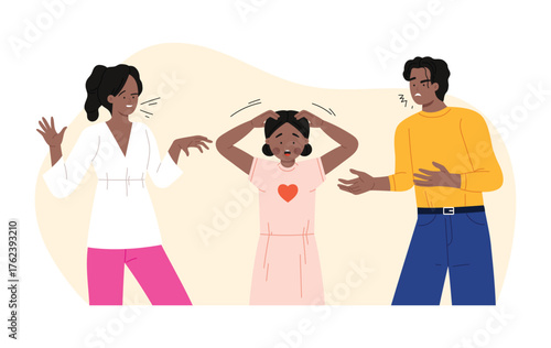 Stressed child between arguing parents showing family abuse and emotional distress on isolated vector illustration