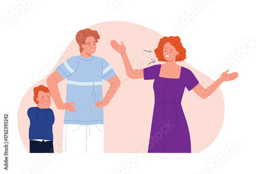 Isolated illustration showing family argument and emotional abuse with distressed child and parents vector illustration