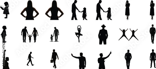 A collection of black silhouettes showing diverse people, families, and individuals in various poses and activities on a white background.