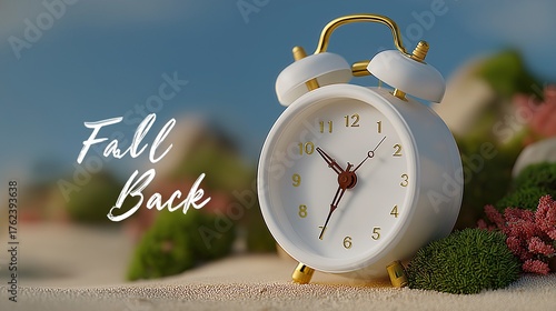 White alarm clock with 'Fall Back' text on sandy background.