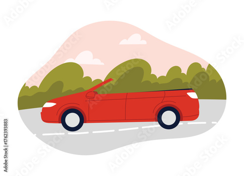 Unusually stretched red convertible car driving on road with green bushes and pink sky background vector illustration