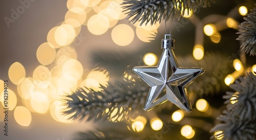 Silver star ornament on a christmas tree with bokeh lights