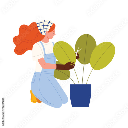Young woman in overalls pruning potted plant as a relaxing hobby on isolated white background vector illustration