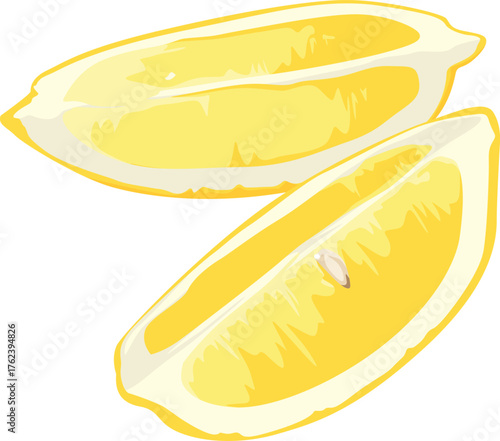 Two lemon wedges are shown, one with a seed visible, isolated on a white background.