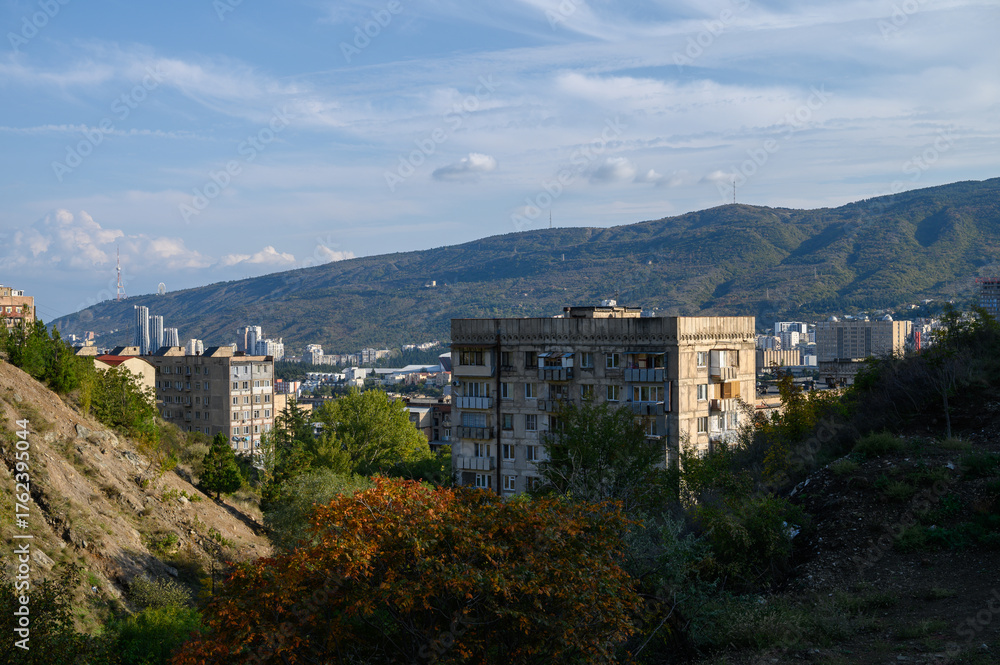 Obraz premium View of Saburtalo District and Mountains in Tbilisi
