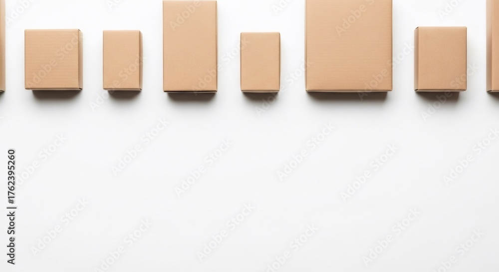 © Margarita Ratatosk - Row of various size brown cardboard boxes a top of white background. Environmentally friendly packaging concept with copy space for text.