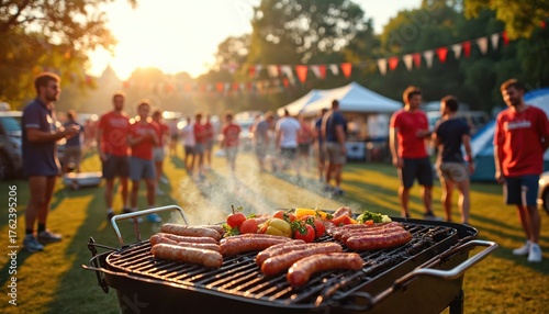 People gather at sunny park for barbecue party before sports game. Friends grill sausages, vegetables, enjoying food, good company. Casual outdoor event with tents, decorations, celebrating community