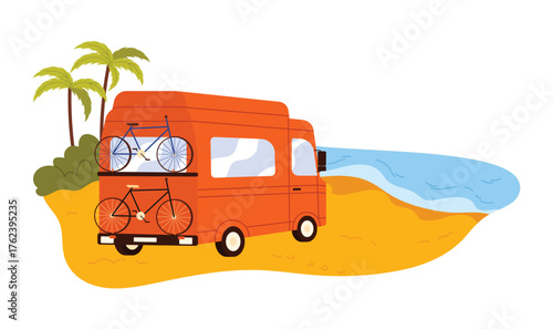 Orange camper car with two bicycles parked on a tropical beach near water, isolated vector illustration