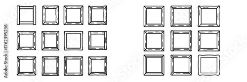 Various styles of empty picture frames arranged in a grid pattern showcasing artistic design possibilities to enhance decor