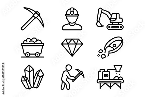 Icons representing mining activities, tools, and valuable resources in an industrial setting