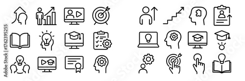 Collection of simple line icons representing learning, growth, and development in various digital and educational contexts