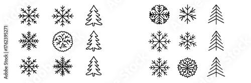 Collection of simple black line winter symbols featuring snowflakes and evergreen trees for seasonal decoration