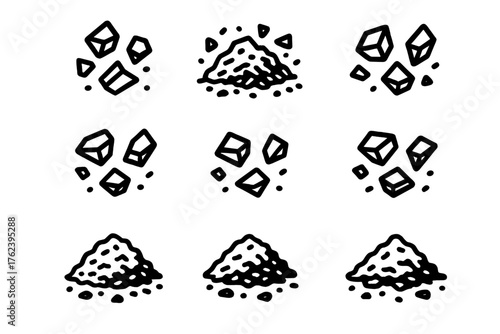 Various shapes of sugar cubes and granulated sugar displayed on a simple background
