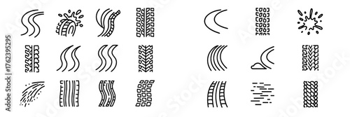 Various tire track patterns displayed across different styles and designs on a neutral background