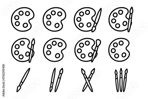 Creative art supplies arranged in a grid pattern featuring palettes and paintbrushes in a simple, clean design