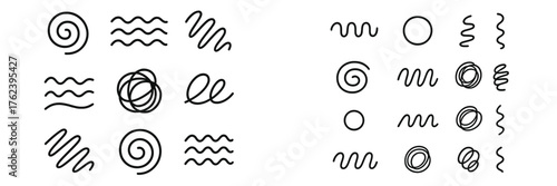 Black line drawings of various shapes and patterns on a white background showcasing creativity and design ideas