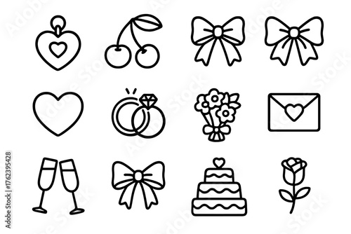 Heart-shaped symbols, bows, and wedding items for celebration themes in a simple design layout