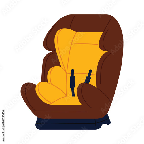 Brown and yellow isolated child car seat with harness for vehicle safety vector illustration