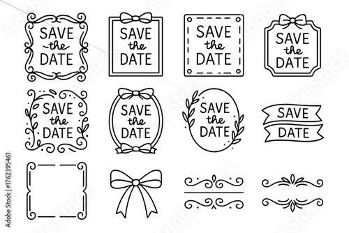 Save the date designs featuring elegant borders and decorative elements perfect for wedding invitations or special events