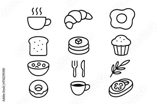 Breakfast items illustrated with simple line drawings, featuring coffee, pastries, and pancakes on a clean background