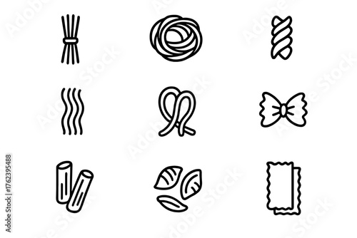 Different types of pasta shapes arranged in a grid display on a white background