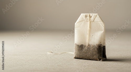 Close up of a single tea bag on a neutral background ideal for beverages and relaxation concepts
