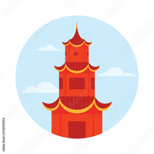 Red Chinese pagoda building with curved roofs in a round isolated design vector illustration