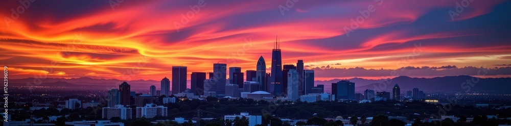 Fototapeta premium Los Angeles skyline ablaze with sunset hues, iconic skyscrapers silhouetted against a fiery sky, rays, view