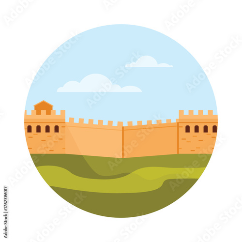 Isolated round icon of the Great Wall of China with blue sky and green landscape vector illustration