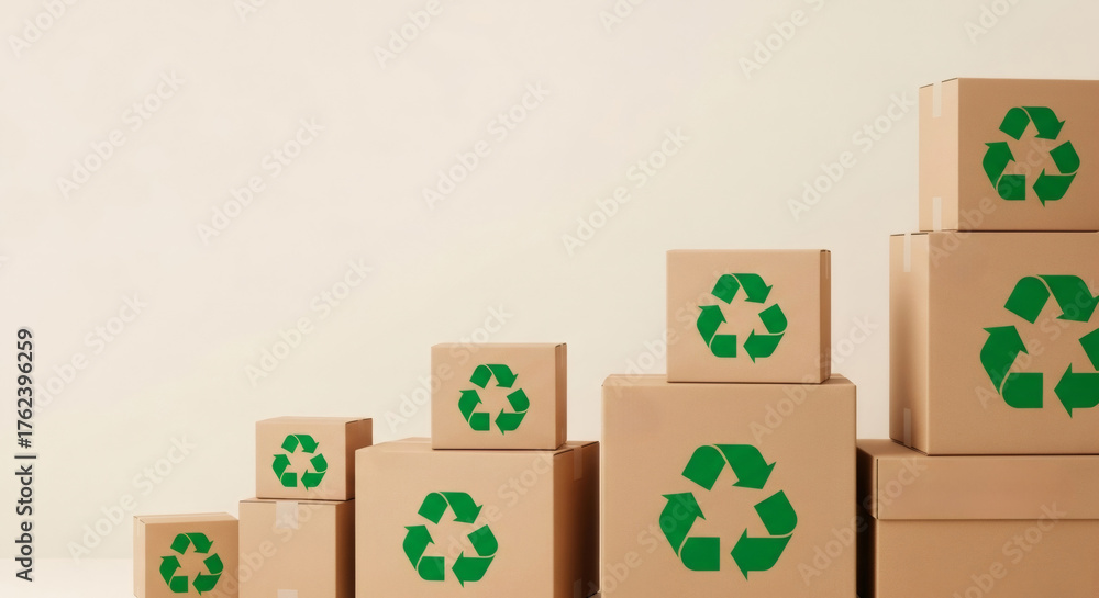 Fototapeta premium Multiple cardboard box with green recycling symbol. Eco friendly packaging concept. Sustainable shipping and delivery.