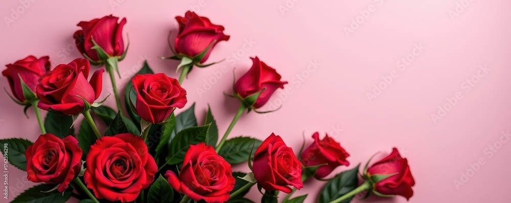 Fototapeta premium Vibrant red roses arranged in a bouquet on a delicate pink backdrop, perfect for romantic occasions or adding a touch of elegance, sophisticated, luxury
