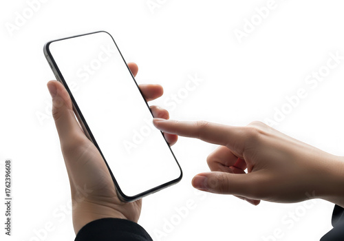 Hand holding a smartphone a blank screen, isolated on transparent background