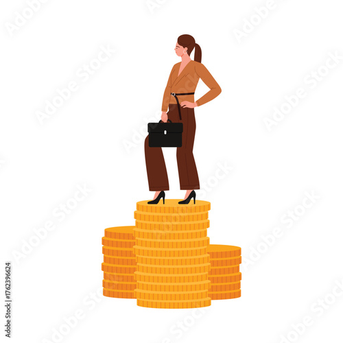 Confident businesswoman with briefcase standing on gold coins, symbolizing different income, isolated vector illustration
