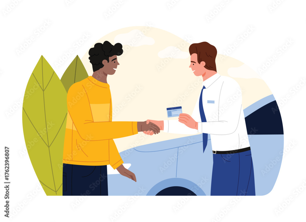 Fototapeta premium Driving school instructor congratulates student with handshake and license near car isolated vector illustration