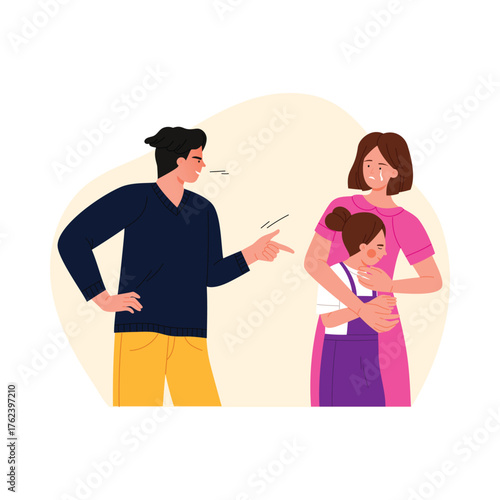 Angry man shouting at crying woman and scared child in isolated family abuse scene vector illustration