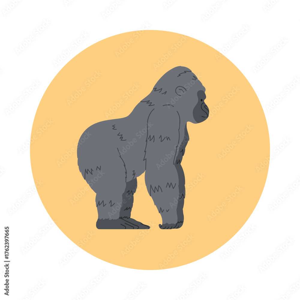 Obraz premium Side view of an African gorilla in a simple isolated round icon vector illustration