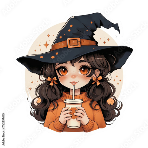Magical anime girl wearing a magic hat drinking an autumn drink – cute and seasonal art style