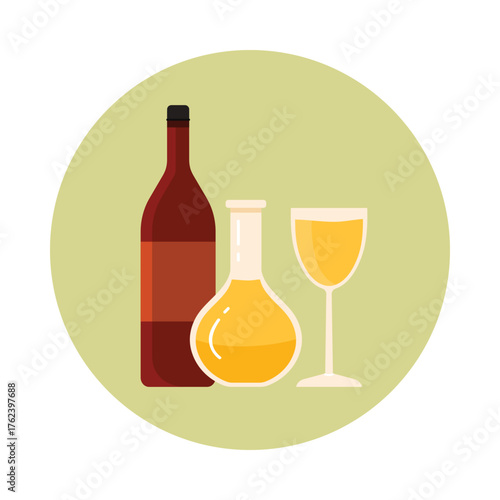 Isolated African alcoholic drinks bottle decanter and glass on round background vector illustration