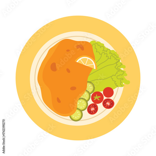 Traditional Austrian schnitzel meal with lettuce, tomatoes, cucumber, lemon on white isolated vector illustration