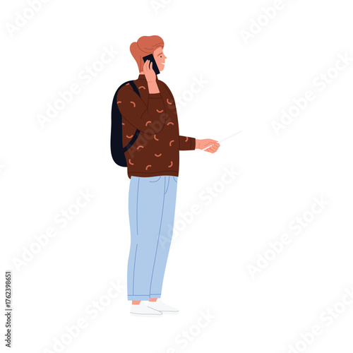 Casual young man standing isolated, talking on phone, holding ticket, waiting in bank queue vector illustration