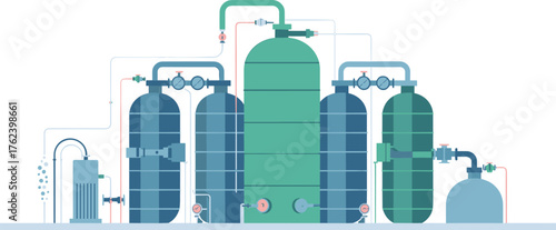 Industrial water filtration system with modern tanks and connected pipes, illustrating clean water treatment process and sustainable purification technology
